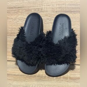 PINK Victoria's Secret Women's Black Fuzzy fur Slides slip on shoes size 5/6